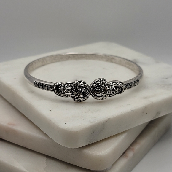 Sterling Silver Bangle Bracelet with Intricate Marcasite Detailing Unsigned - Picture 3 of 16